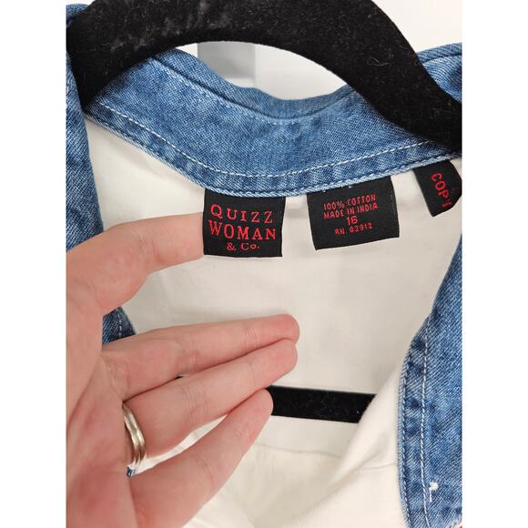 Quizz Woman Womens Embroidered Short Sleeve Denim Collar Button Down Top Size 16 - Picture 4 of 6